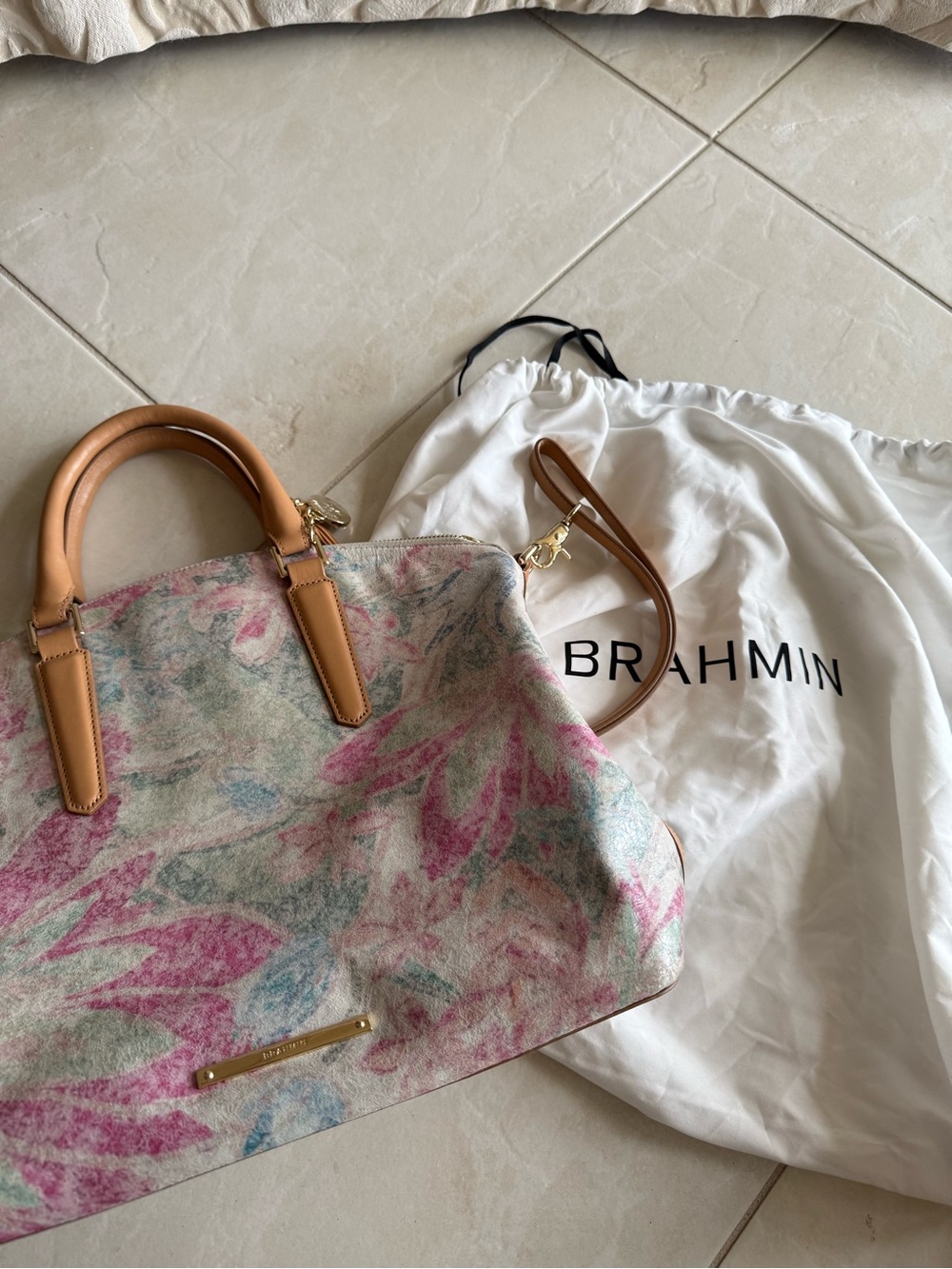Brahmin Multicolor Floral Satchel with Tan Handles - Picture 7 of 7